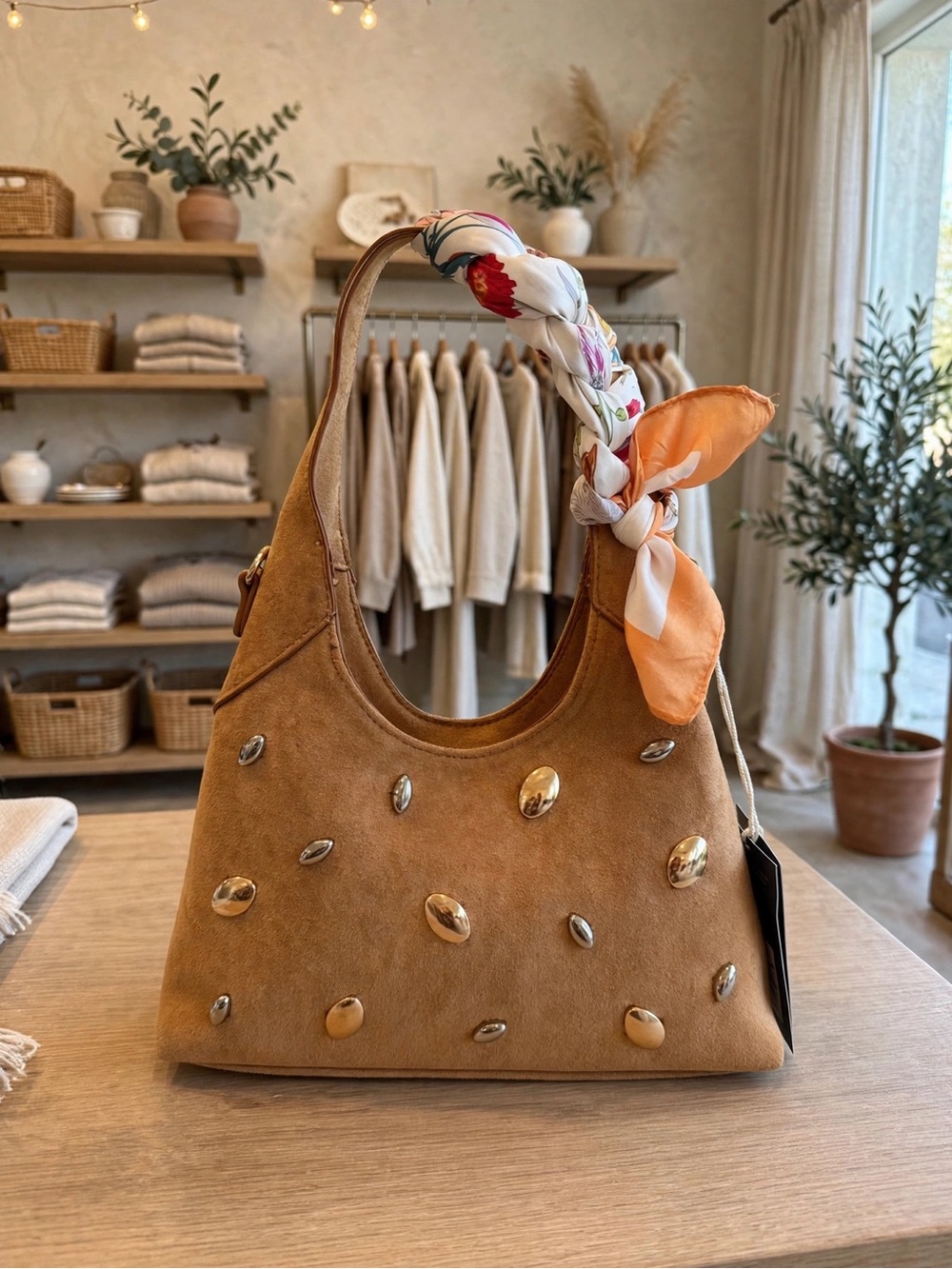 Universal Thread Tan Suede Shoulder Bag with Floral Scarf